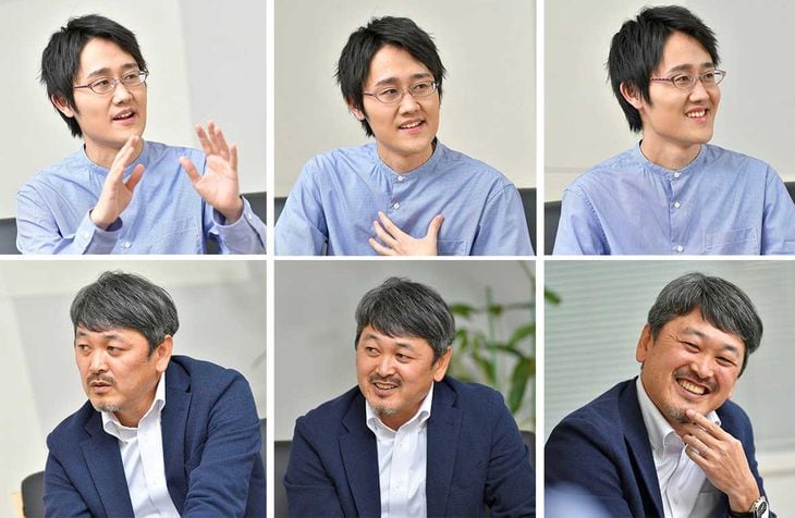 身振りを交えて話す鶴崎さん(上段)の意見にじっくりと耳を傾け、時に笑顔をみせながら教育のDXの意義を語り合う田中事業部長(下段)
